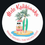 Mele Kalikimaka Tropical Surfing Santa Christmas Classic Round Sticker<br><div class="desc">Beach theme Christmas stickers feature Santa sipping from a pineapple,  with a surfboard and palm trees on a tropical island,  and the Hawaiian "Mele Kalikimaka" (Merry Christmas) holiday greeting. Can be used as gift and favour tags and envelope seals. Original artwork KL Stock.</div>