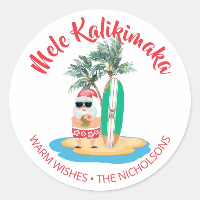Mele Kalikimaka Tropical Surfing Santa Christmas Classic Round Sticker (Front)