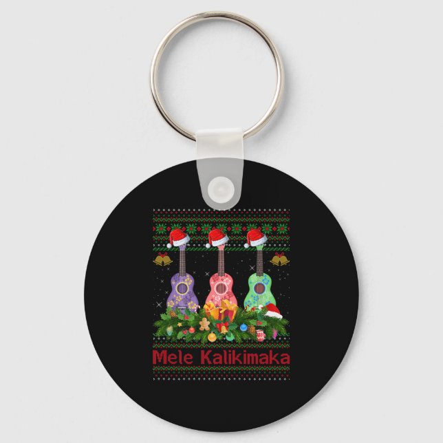 Mele Kalikimaka Ukulele Guitar Ugly Xmas Sweaters  Key Ring (Front)