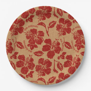 Mele Kalikimaka Vintage Pareau Hawaiian Hibiscus Paper Plate