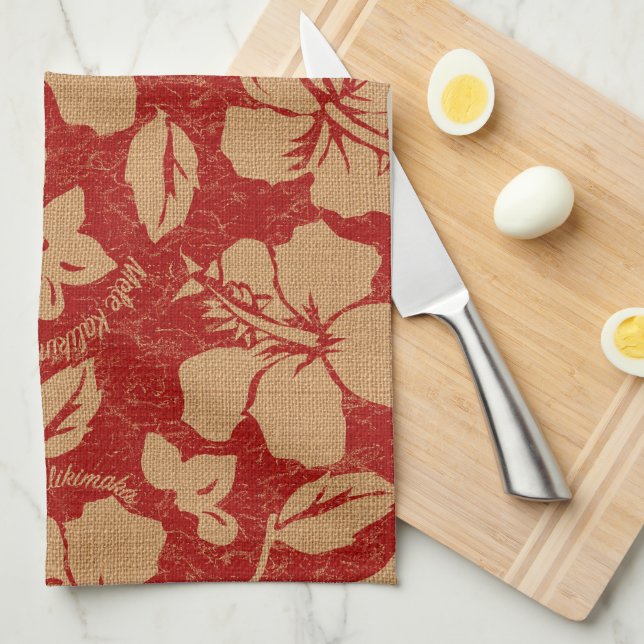 Mele Kalikimaka Vintage Pareau Hawaiian Hibiscus Tea Towel (Quarter Fold)