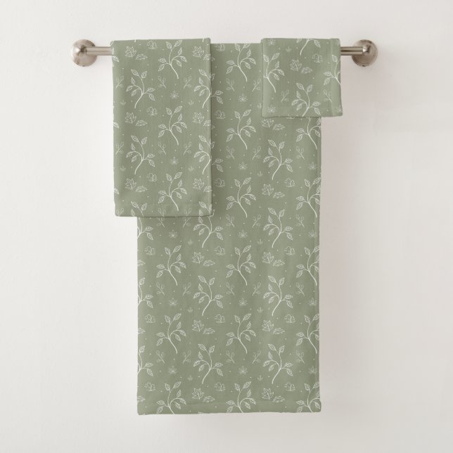 Mellow Olive Green Vines and Florals Pattern Bath Towel Set (Insitu)