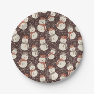 Mellow Snowmen - Christmas pattern amaro red. Paper Plate