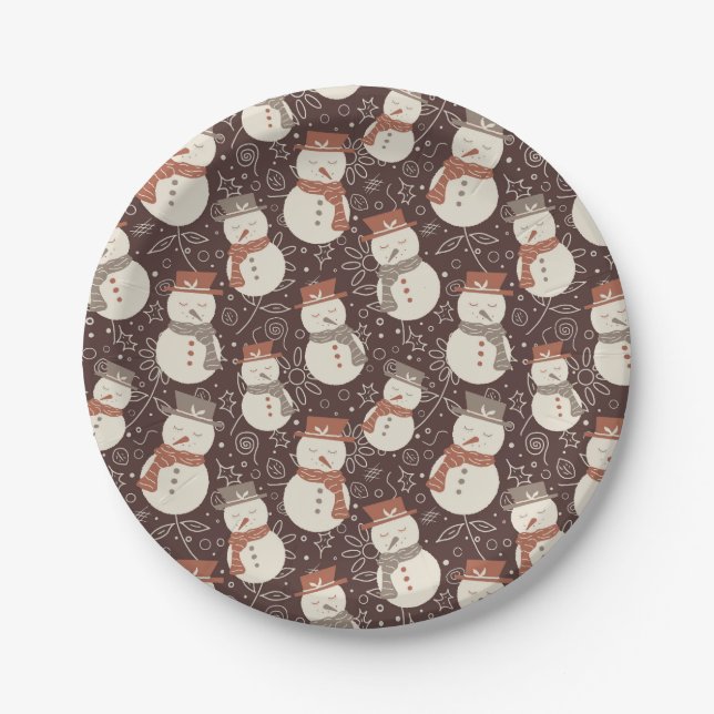 Mellow Snowmen - Christmas pattern amaro red. Paper Plate (Front)