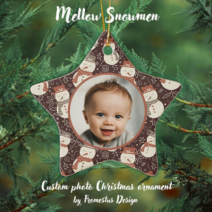 Mellow Snowmen - First Christmas photo custom. Ceramic Tree Decoration