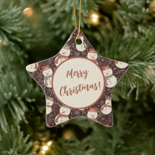 Mellow Snowmen - Merry Christmas! editable red.  Ceramic Tree Decoration