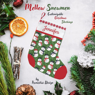 Mellow Snowmen - Xmas red on green customizable. Small Christmas Stocking