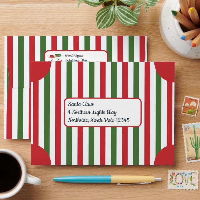 Mellow Snowmen - Xmas red white green stripes. Envelope (Desk)