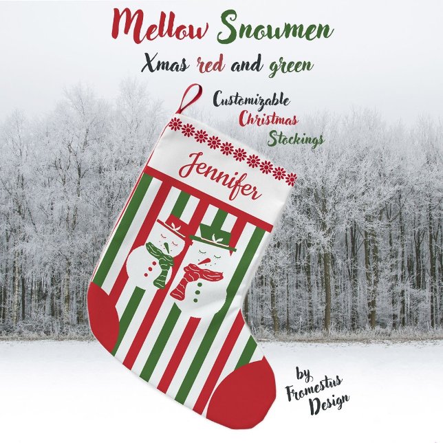 Mellow Snowmen - Xmas red white green stripes. Small Christmas Stocking (Creator Uploaded)