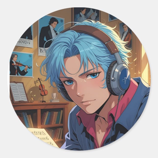 Melody in Blue Classic Round Sticker (Front)