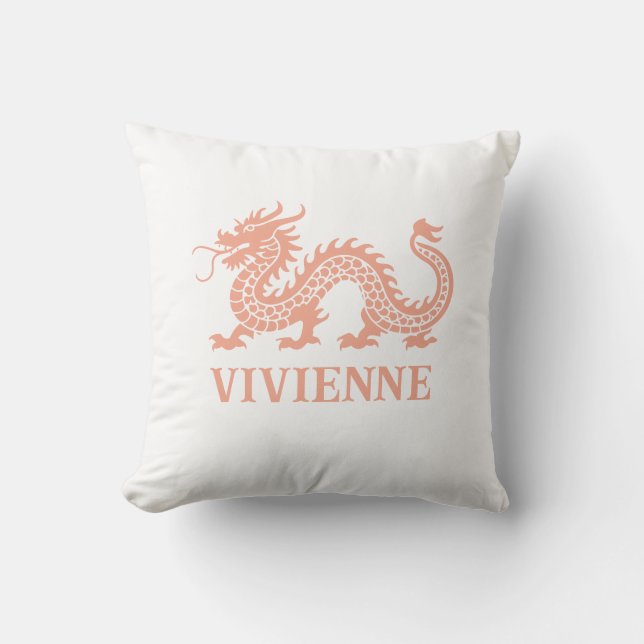 Melon Coral Chinoiserie Dragon Custom Name Cushion (Front)
