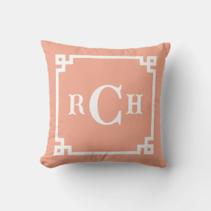 Melon Coral Reverse Chinoiserie Greek Key Monogram Cushion