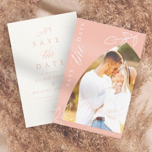 Melon Pink Arch Boho Minimal Leaf Photo Save The Date