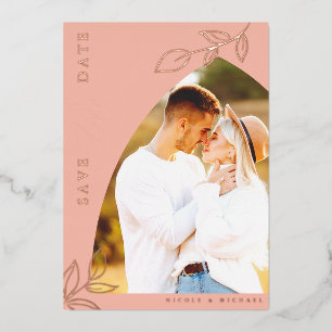 Melon Pink Arch Foil Leaf Save The Date Card