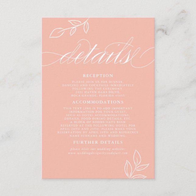 Melon Pink Minimal Leaf QR Code Wedding Details Enclosure Card (Front)
