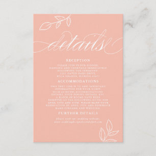 Melon Pink Minimal Leaf QR Code Wedding Details Enclosure Card