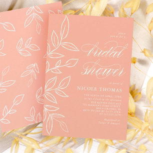 Melon Pink Minimalist Elegant Leaf Bridal Shower Invitation