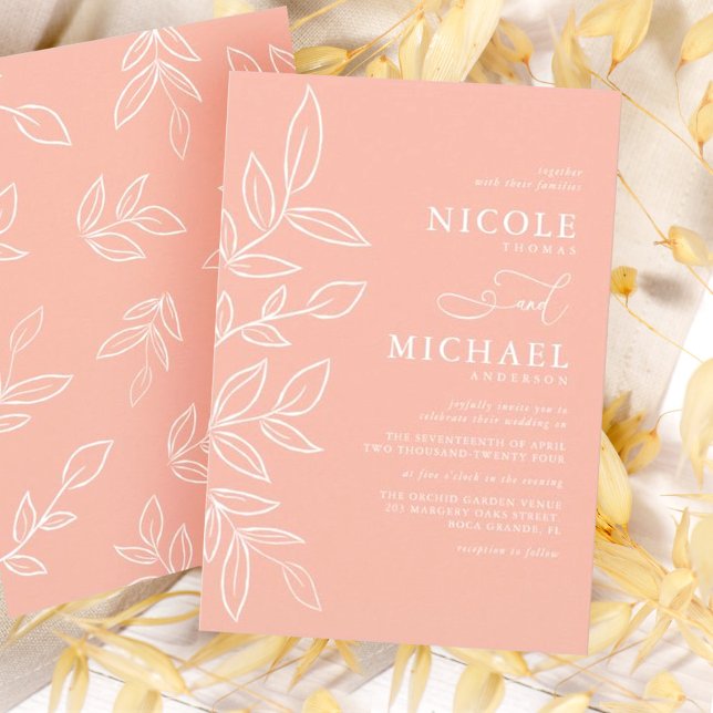 Melon Pink Minimalist Elegant Leaves Wedding Invitation (Creator Uploaded)