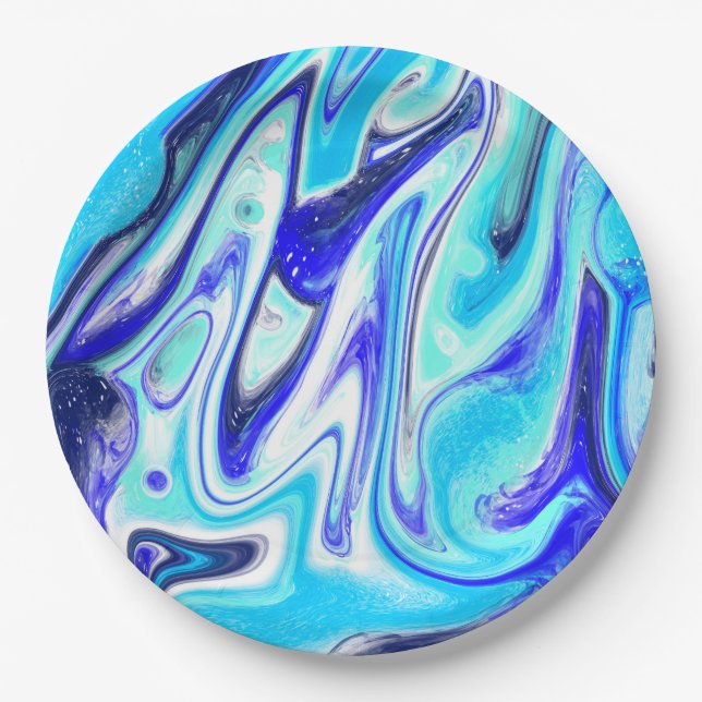 Melted Blue | Marble Fluid Art Paper Plate (Front)