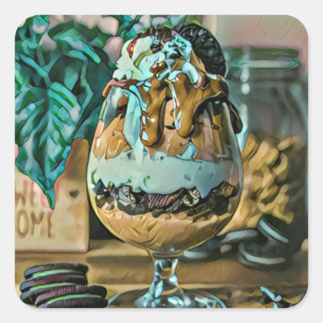 Melted chocolate ice cream shop scoop square sticker (Front)