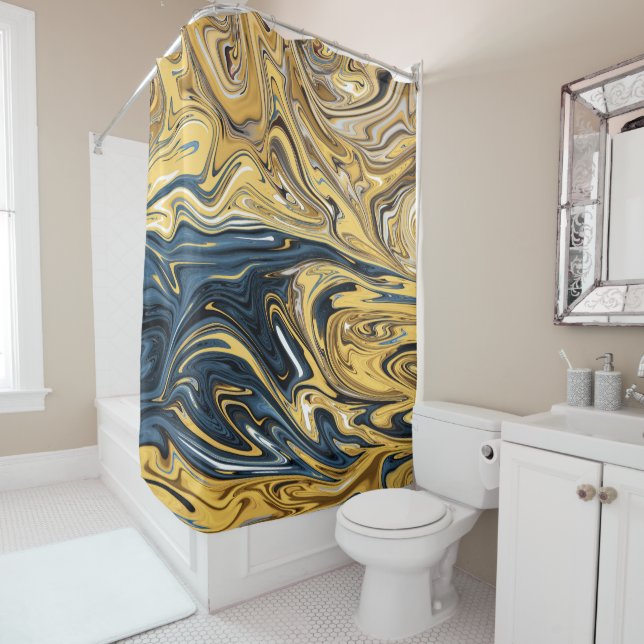 Melted Gold Abstract Painting | Best contemporary Shower Curtain (In Situ)