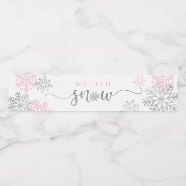 Melted Snow Pink And Silver Snowflakes Winter Water Bottle Label (Single Label)