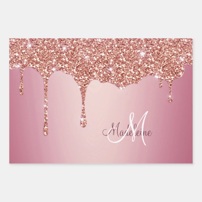 Melting Girly Pink Sparkles Personalized with Name Wrapping Paper Sheet (Front 3)