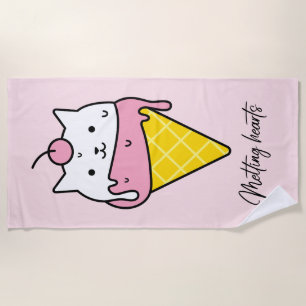 Melting Hearts – Cute Summer Ice Cream Cat Beach Towel