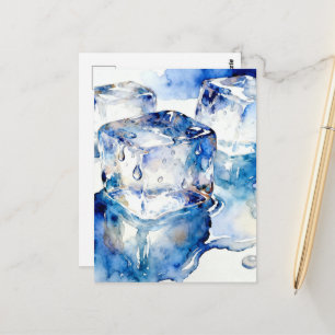 Melting ice cubes watercolor postcard