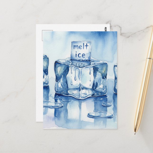 Melting ice cubes watercolor typography puddle postcard (Front/Back In Situ)