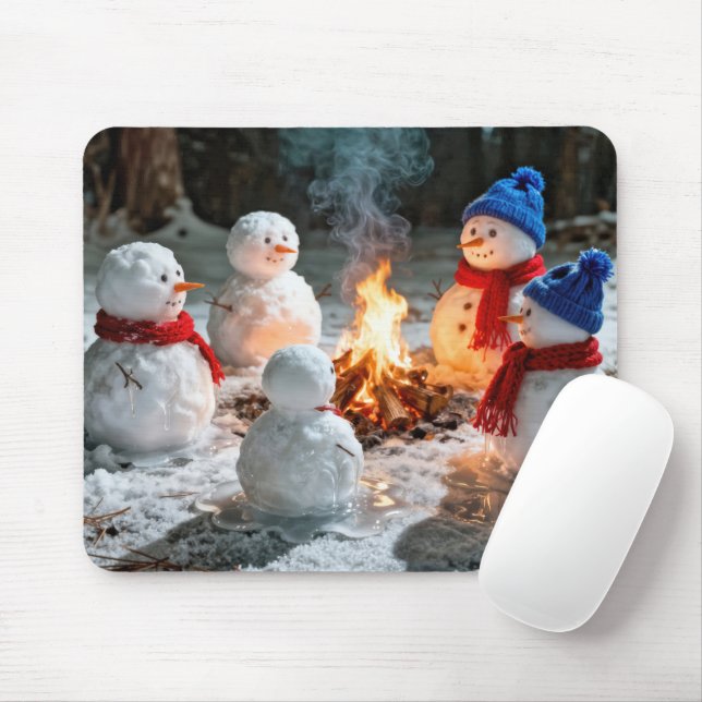 Melting Snowmen Around a Campfire Mouse Pad (With Mouse)