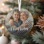 Memaw Grandma Script Overlay Glass Tree Decoration<br><div class="desc">Create a sweet gift for a special grandmother with this beautiful custom ornament. "Memaw" appears as an elegant white script overlay on your favorite photo of grandma and her grandchild or grandchildren.</div>