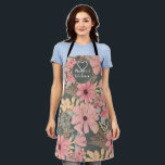 Memaw's Kitchen Pink Sage Green Flowers Leaves Apron<br><div class="desc">This elegant and feminine pattern is perfect for the stylish and trendy woman. It features hand-painted watercolor coral pink, medium pink, chestnut brown, golden yellow, and forest green flowers and leaves on top of a sage green background. It's country, pretty, cute, unique, artsy, and modern; the perfect complement to your...</div>