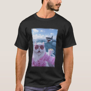 Meme Cat on Yacht Boat with Shark Behind T-Shirt