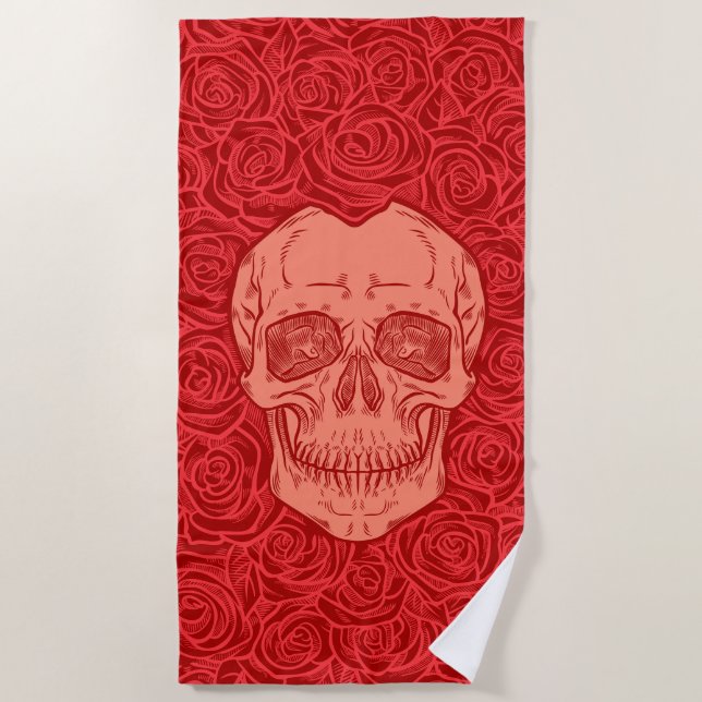 Memento Mori! Skull and Roses, Hand Drawn Beach Towel (Front)