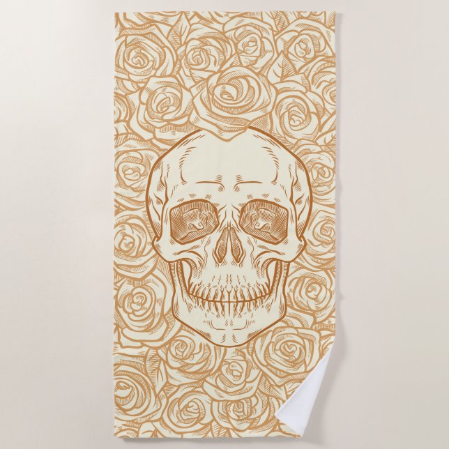 Memento Mori! Skull and Roses, Hand Drawn Beach Towel (Front)