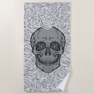 Memento Mori! Skull and Roses, Hand Drawn Beach Towel