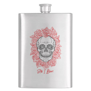 Memento Mori! Skull and Roses, Hand Drawn Hip Flask