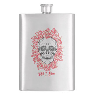 Memento Mori! Skull and Roses, Hand Drawn Hip Flask