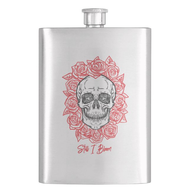 Memento Mori! Skull and Roses, Hand Drawn Hip Flask (Front)