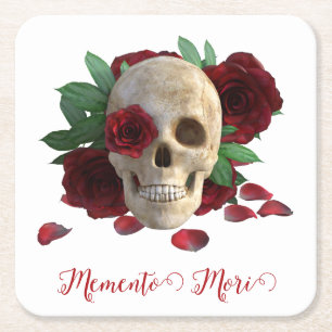 Memento Mori. Skull with red roses Square Paper Coaster