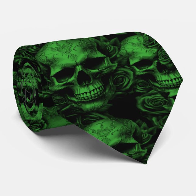 Memento Mori Skulls Green Tie (Rolled)