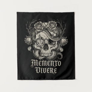 Memento Vivere Gothic Skull with Snake and Roses Tapestry
