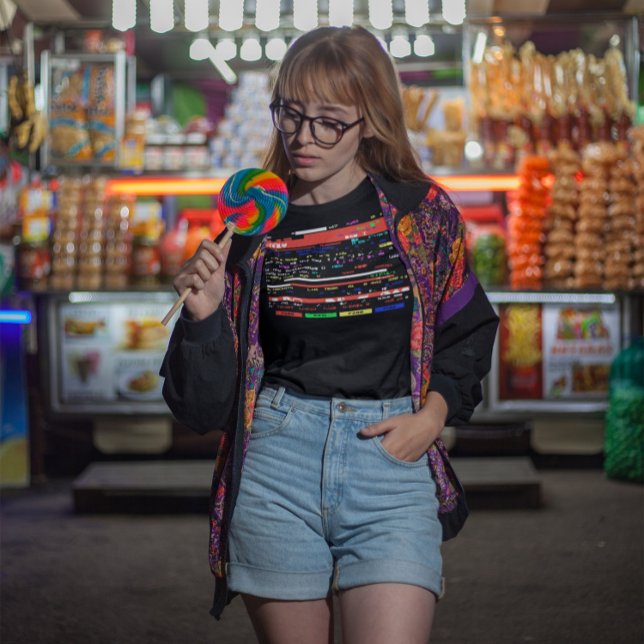 Memorabilia 80s 90s Teletext Glitch Art Nostalgia T-Shirt (girl with a candy wearing a 1980s vintage teletext ceefax glitch tshirt  in the night)