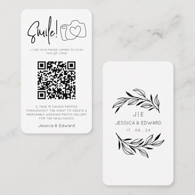 Memorable Photos Qr Code Black Chic Modern Wedding Place Card (Front/Back)