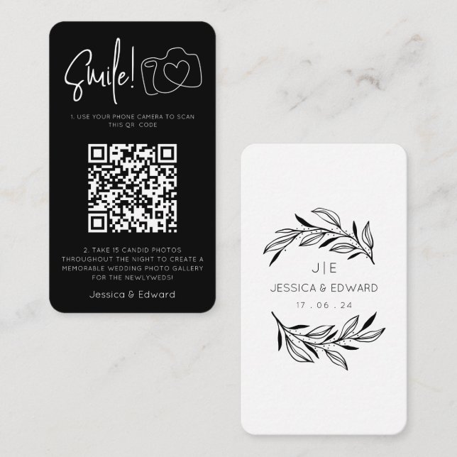 Memorable Photos Qr Code Black Chic Modern Wedding Place Card (Front/Back)