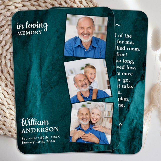 Memorial 3 Photo Funeral Prayer Card Green Marble  (Creator Uploaded)