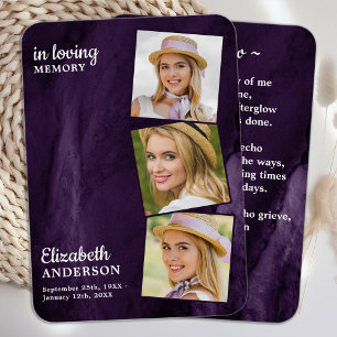 Memorial 3 Photo Funeral Prayer Card Purple Marble