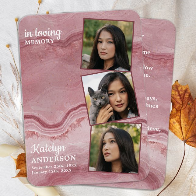 Memorial 3 Photo Funeral Prayer Card Rose Pink  (Creator Uploaded)