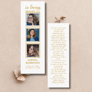 Memorial  3 Photo Gold Funeral Prayer Bookmark Mini Business Card